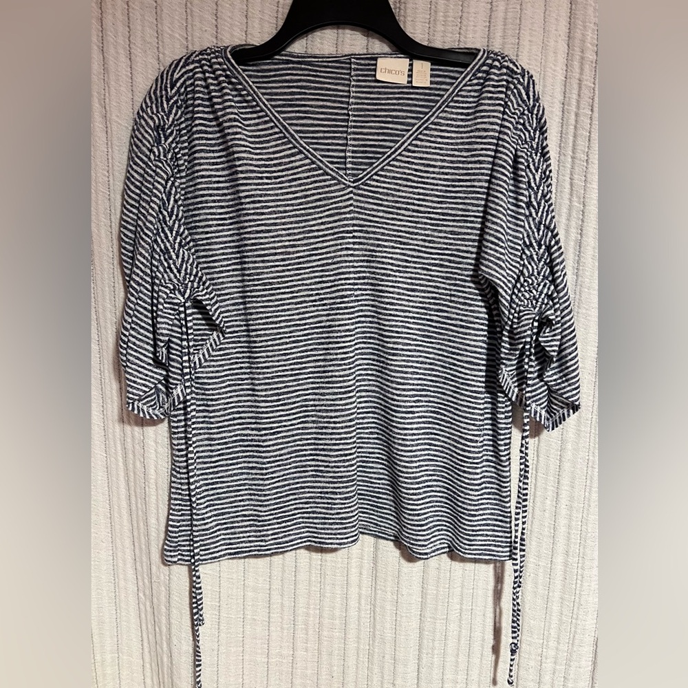 Chico's Navy and White Striped V-Neck Blouse